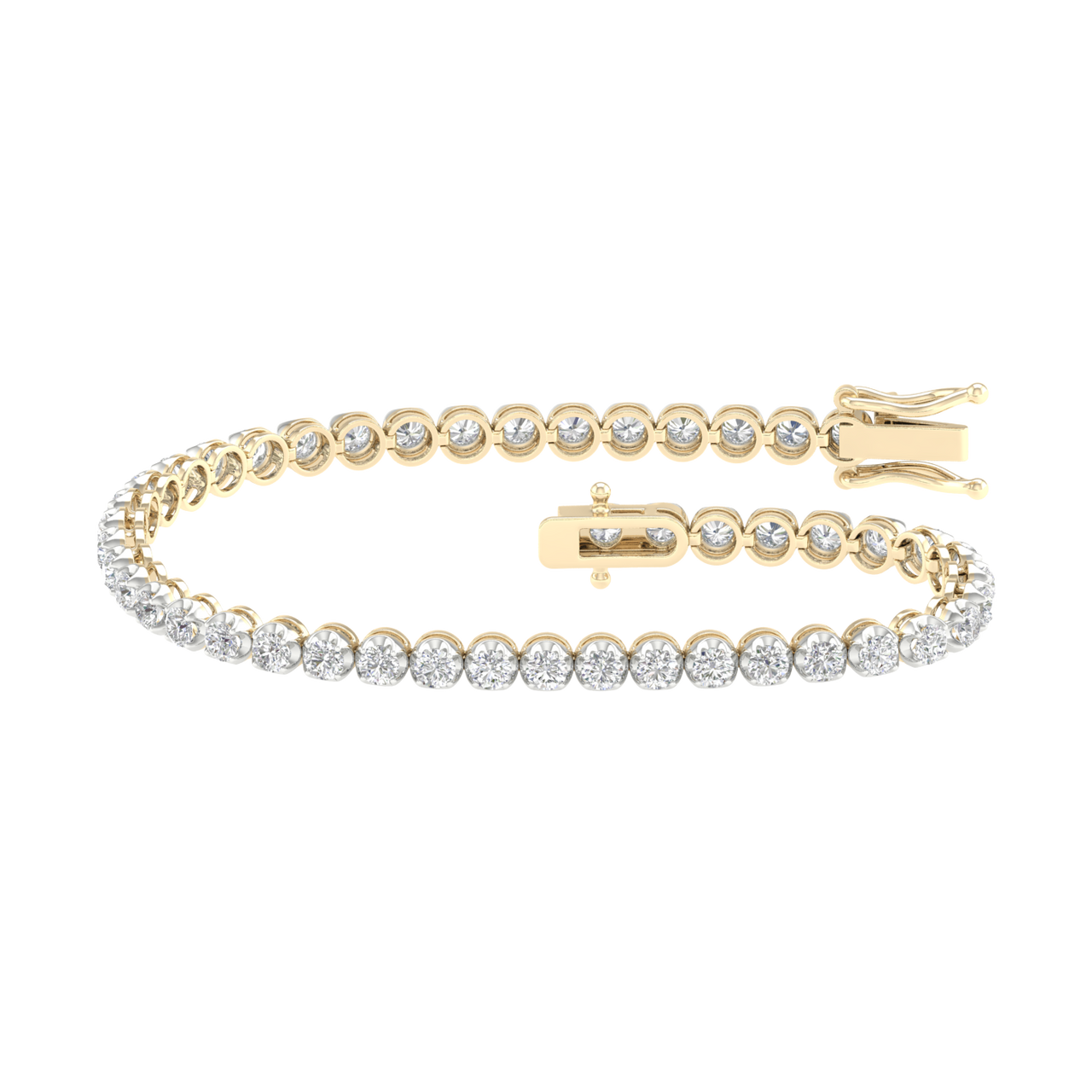 An angled view of the 14K yellow gold F VS diamond tennis bracelet, showing the gold cup setting and secure clasp.