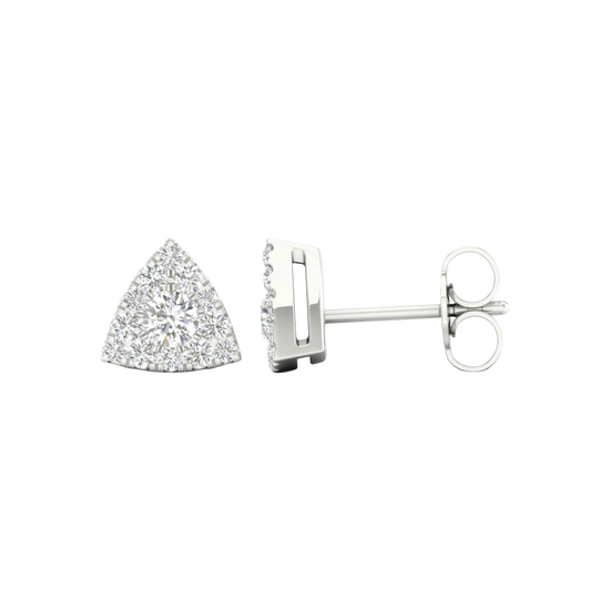 A front and side view of a 14K white gold triangular stud earring accented with pavé diamonds.