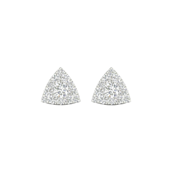 A pair of 14K white gold stud earrings with a triangular shape and a surface of pavé diamonds, shown from the front.