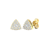 An angled view of a pair of 14K yellow gold stud earrings, showcasing the pavé diamonds and the clean triangular shape.