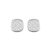 Front view of cushion-shaped cluster diamond stud earrings in white gold, featuring brilliant-cut diamonds arranged in a soft square design with cool gold framing.