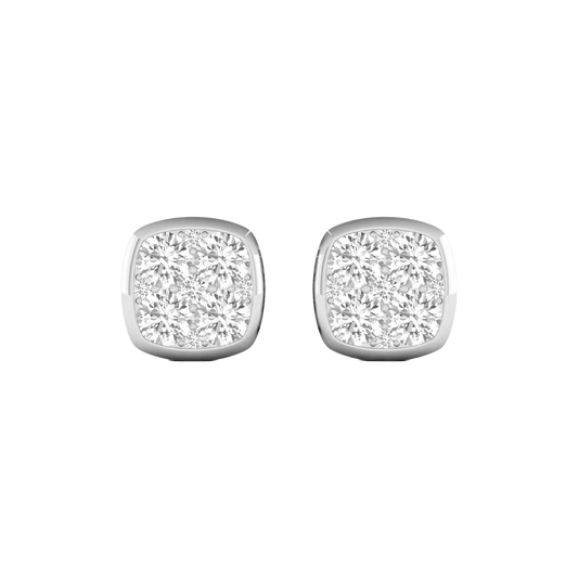 Front view of cushion-shaped cluster diamond stud earrings in white gold, featuring brilliant-cut diamonds arranged in a soft square design with cool gold framing.
