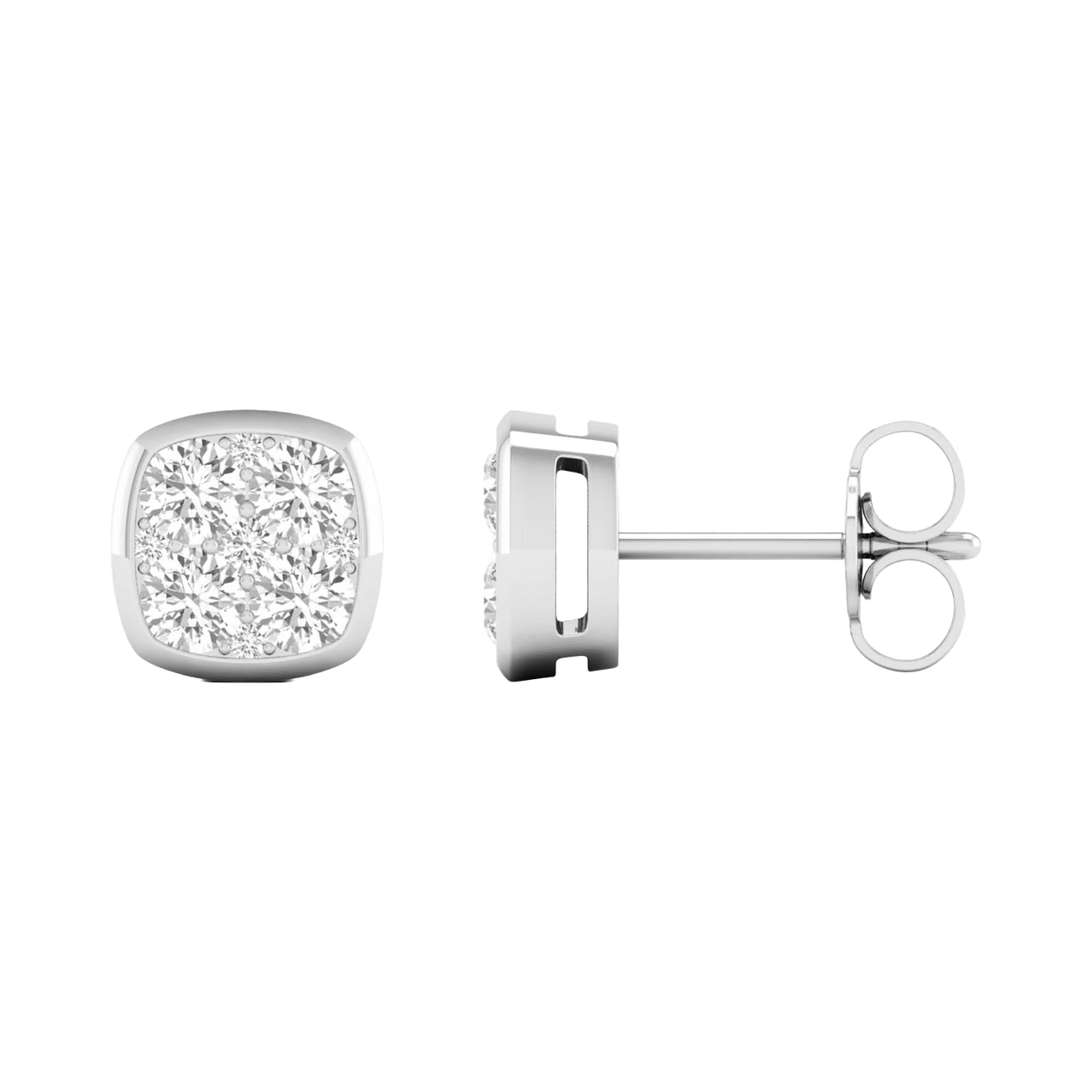Side profile of white gold cushion-shaped cluster diamond stud earrings showing the smooth low-profile setting and refined gold construction.