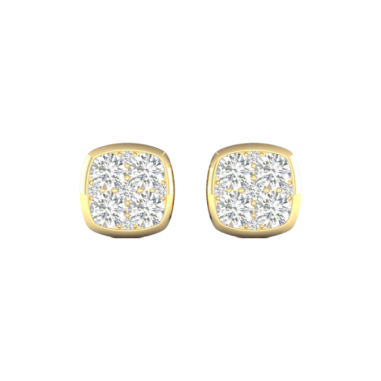 Front view of cushion-shaped cluster diamond stud earrings in yellow gold, featuring brilliant-cut diamonds arranged in a soft square design with warm gold framing.