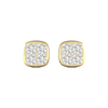 Front view of cushion-shaped cluster diamond stud earrings in yellow gold, featuring brilliant-cut diamonds arranged in a soft square design with warm gold framing.
