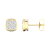 Side profile of yellow gold cushion-shaped cluster diamond stud earrings showing the smooth low-profile setting and refined gold construction.
