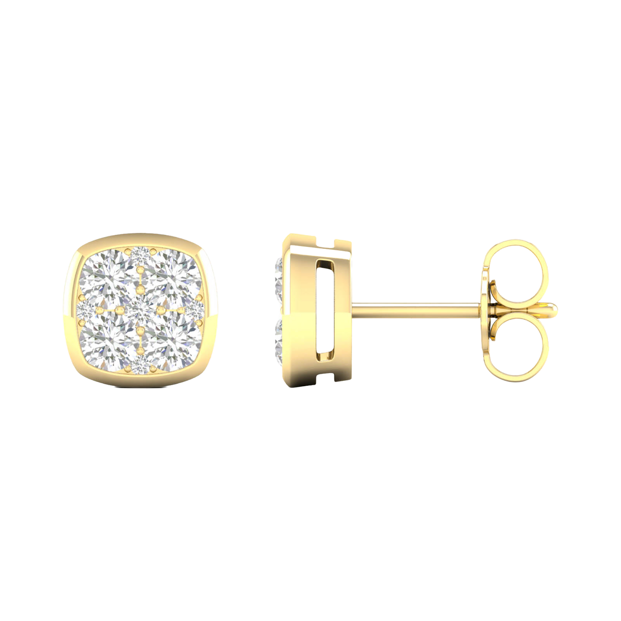 Side profile of yellow gold cushion-shaped cluster diamond stud earrings showing the smooth low-profile setting and refined gold construction.