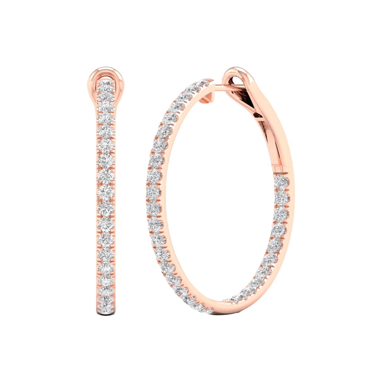 An angled view of a pair of 14K rose gold large hoop earrings, highlighting the all-around sparkle from the continuous line of diamonds.