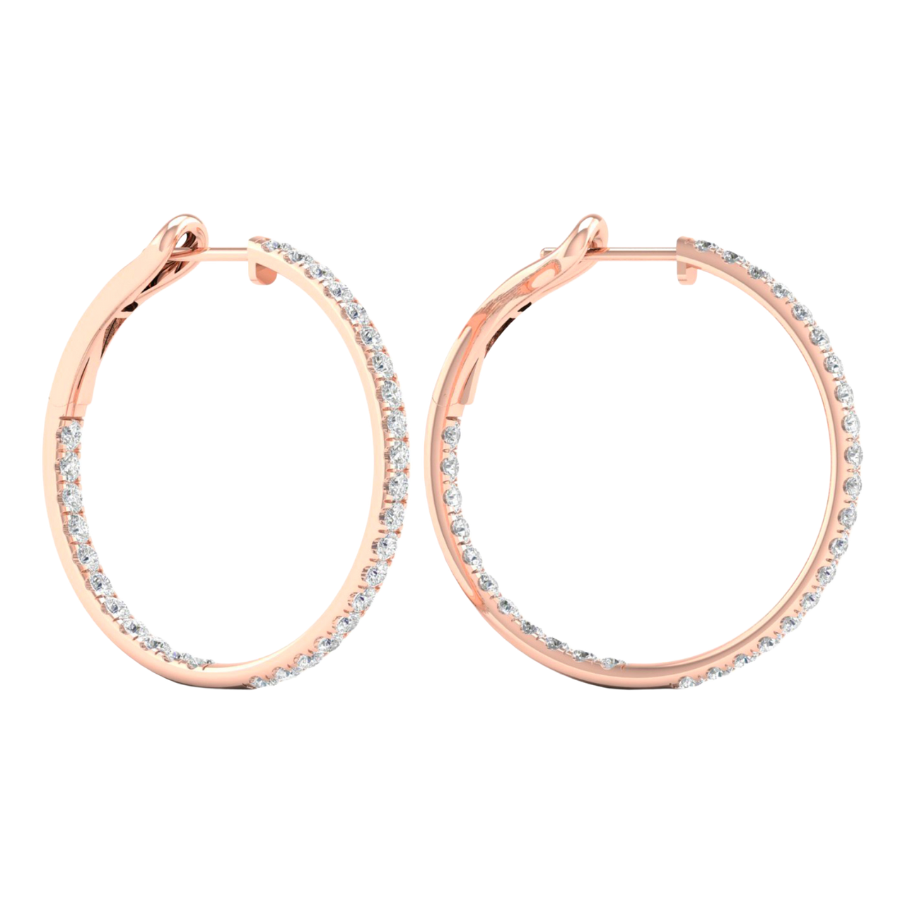 A pair of 14K rose gold large hoop earrings, shown from a side angle, highlighting the line of diamonds and the hinged closure.