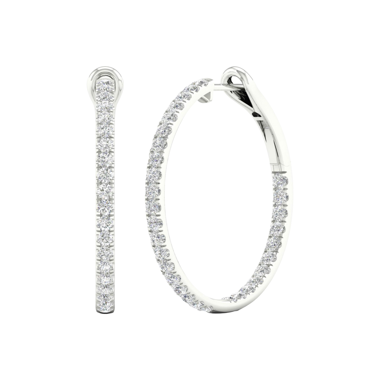 An angled view of a pair of 14K white gold large hoop earrings, highlighting the all-around sparkle from the continuous line of diamonds.