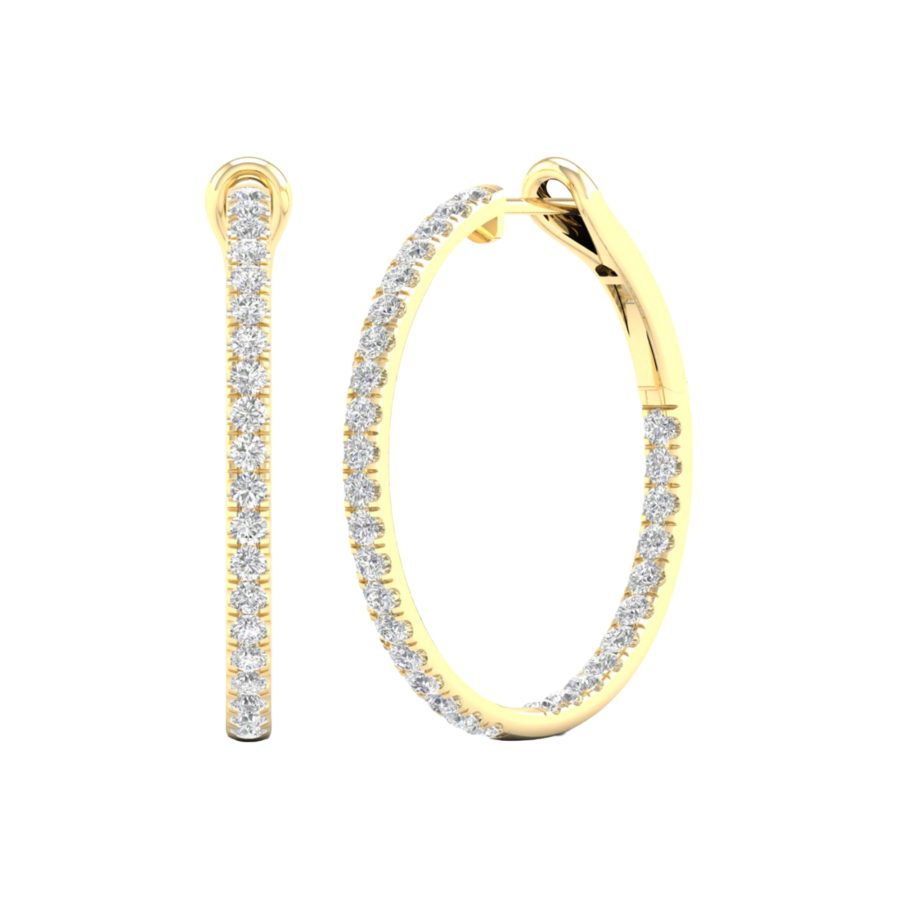 An angled view of a pair of 14K yellow gold large hoop earrings, highlighting the all-around sparkle from the continuous line of diamonds.