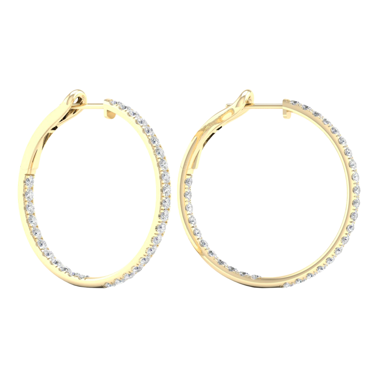 A pair of 14K yellow gold large hoop earrings, shown from a side angle, highlighting the line of diamonds and the hinged closure.