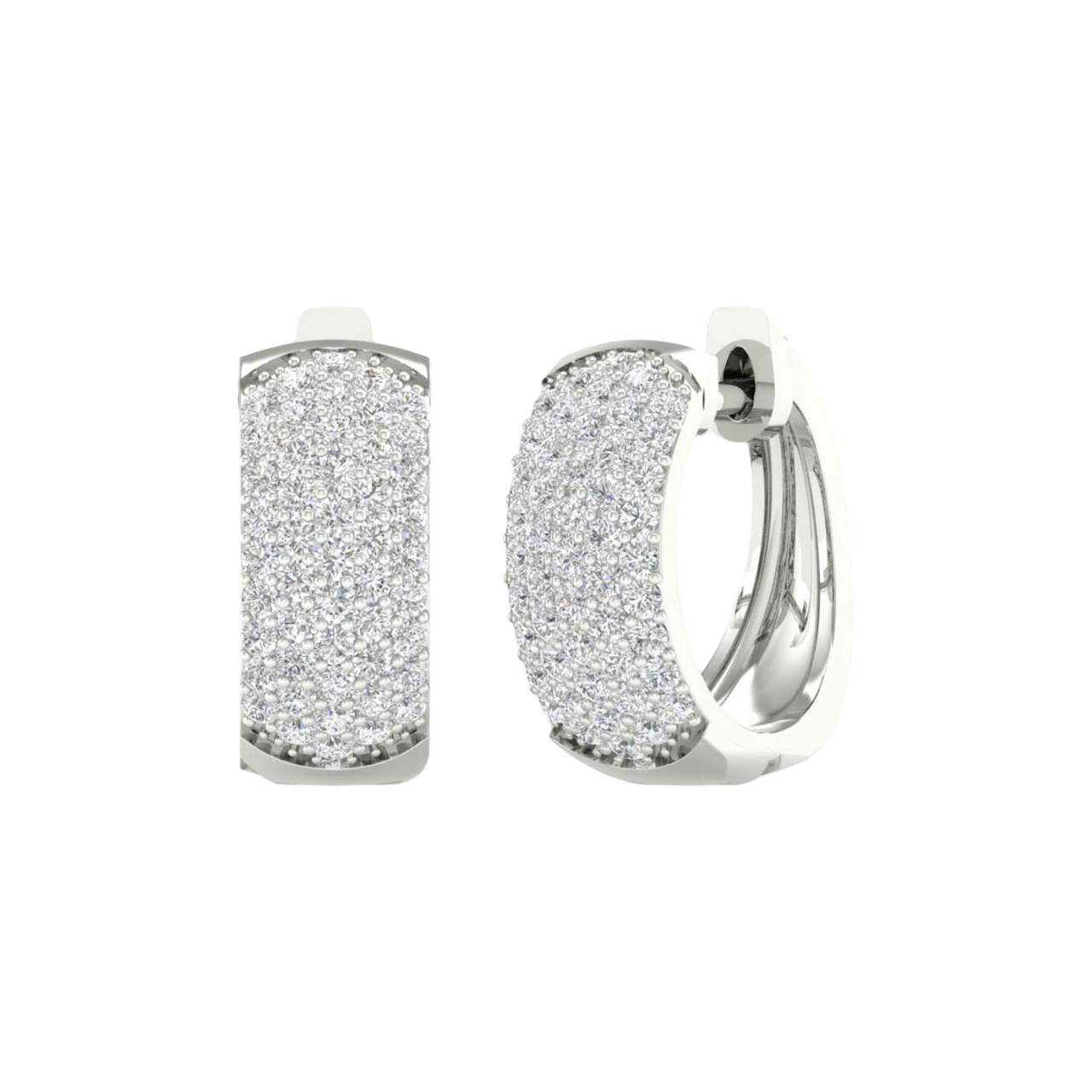 A front and angle view of 14K white gold chunky huggie hoops with pavé diamond-encrusted front.
