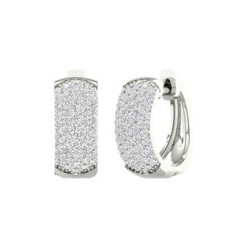 A front and angle view of 14K white gold chunky huggie hoops with pavé diamond-encrusted front.