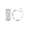 A front and side view of 14K white gold huggie hoops, featuring sparkling pavé diamonds across the front.