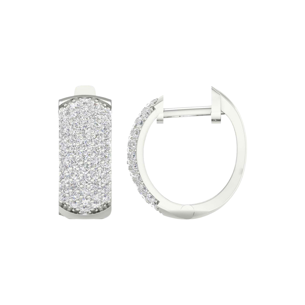 A front and side view of 14K white gold huggie hoops, featuring sparkling pavé diamonds across the front.