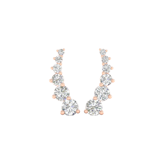 A pair of 14K rose gold ear climber stud earrings with a line of graduated pavé diamonds, shown from the front.