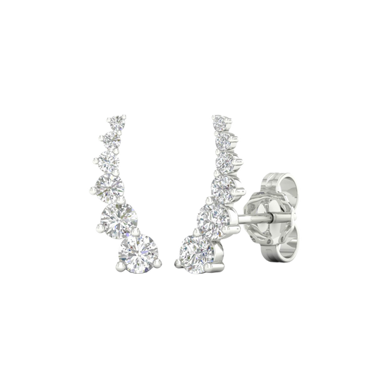 A side-angled view of an Amorati Diamonds 14K white gold delicate diamond climber earring, showcasing the curved design and earring post.