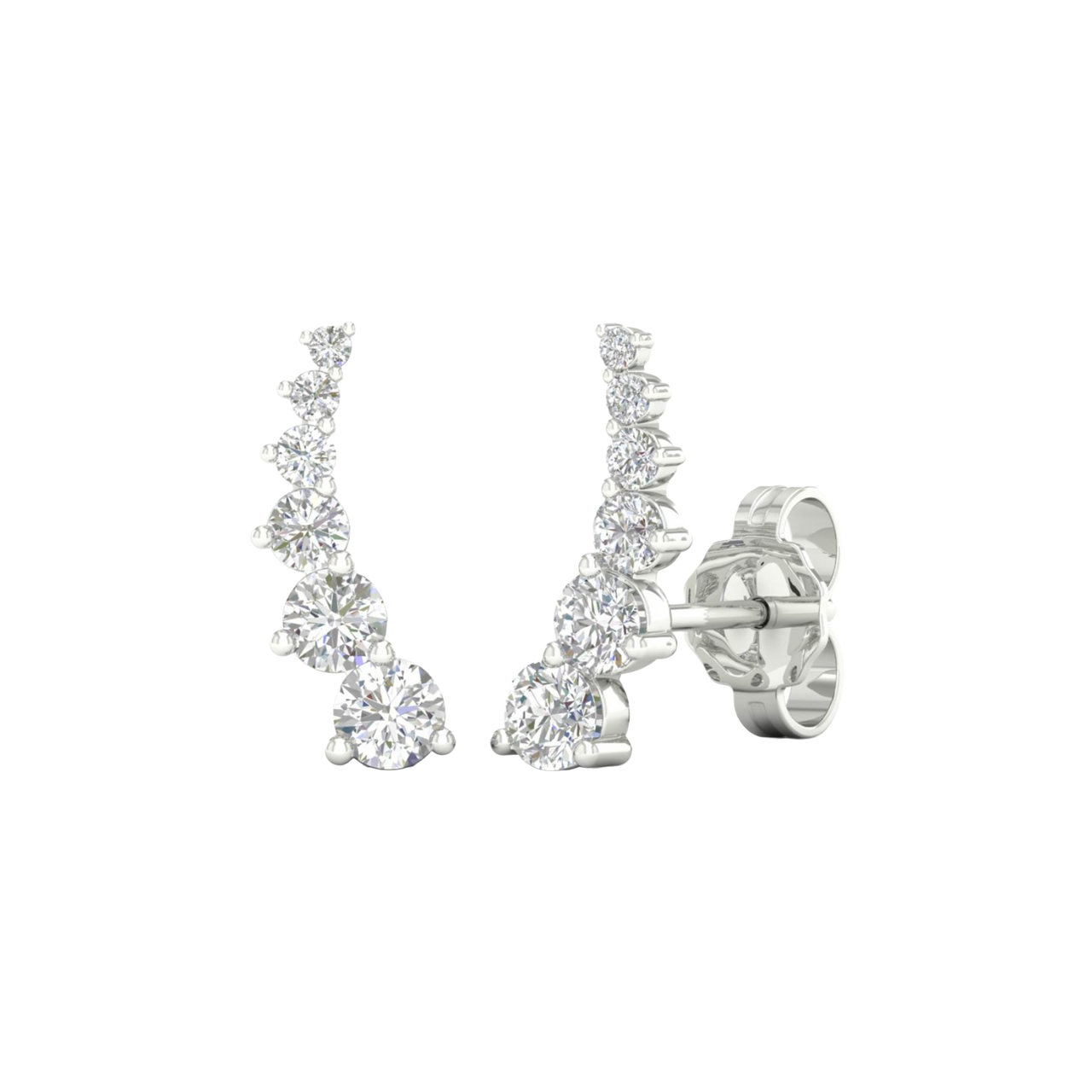 A side-angled view of an Amorati Diamonds 14K white gold delicate diamond climber earring, showcasing the curved design and earring post.
