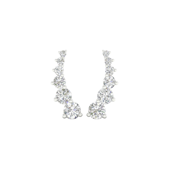 A pair of 14K white gold ear climber stud earrings with a line of graduated pavé diamonds, shown from the front.