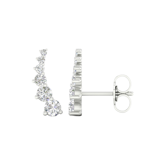 A front and side view of an Amorati Diamonds 14K white gold delicate diamond climber earring, highlighting its elegant curve and post.