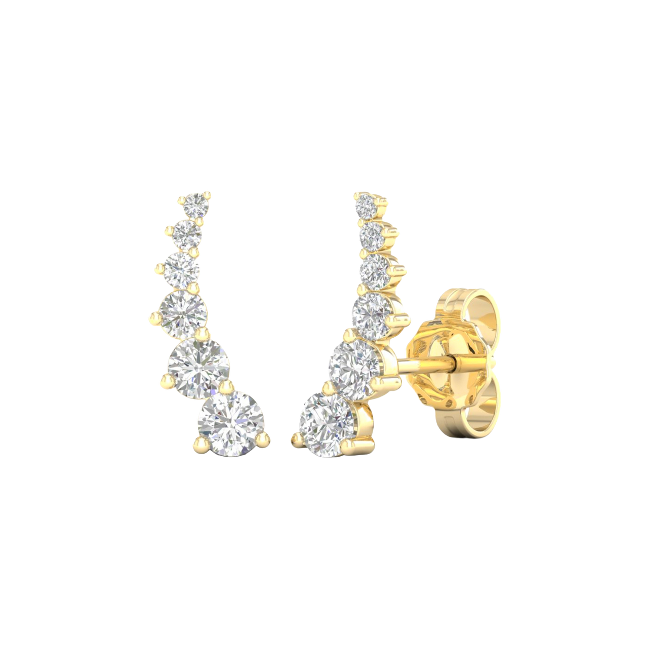 A side-angled view of Amorati Diamonds 14K yellow gold delicate diamond climber earring, showcasing the curved design and earring post.