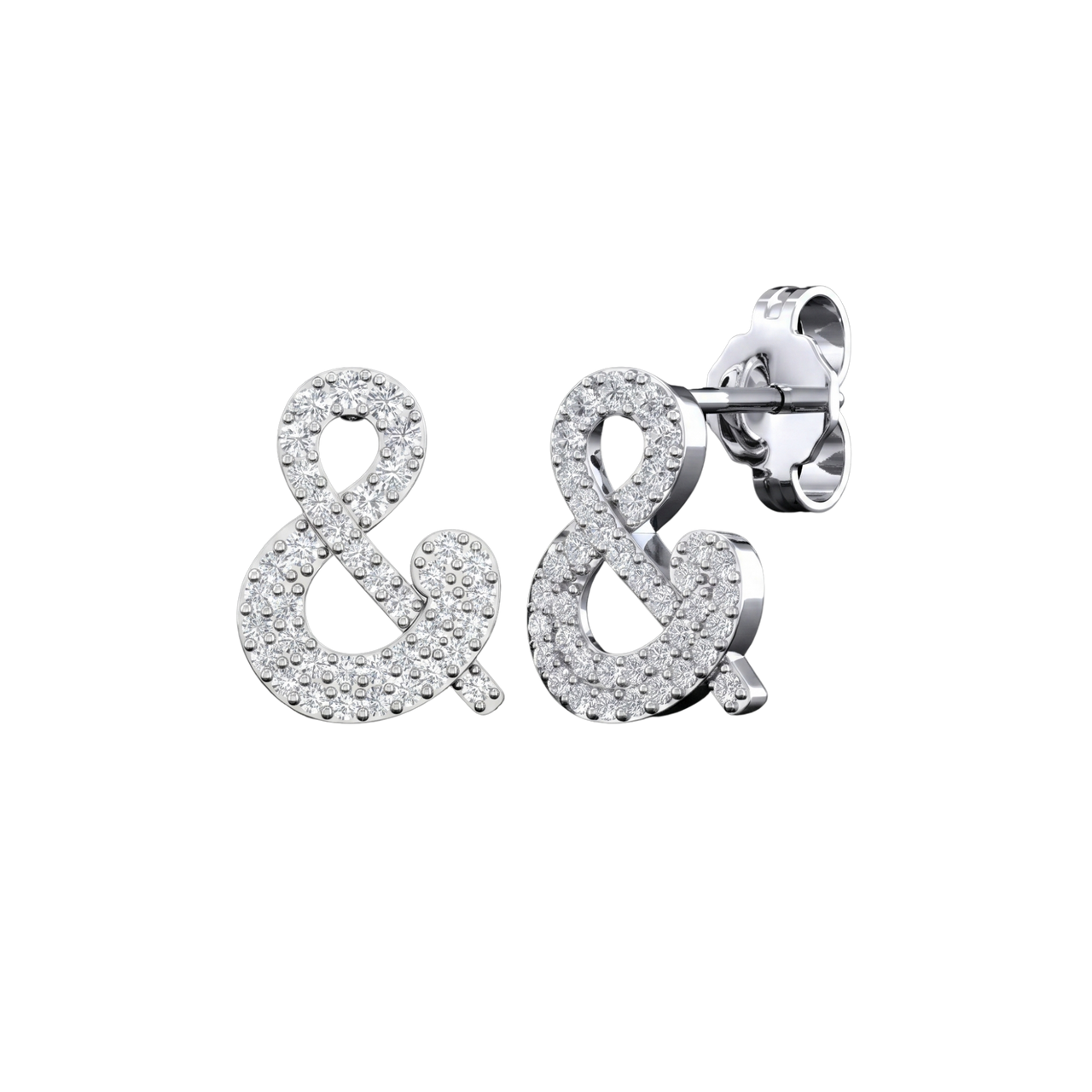 An angled view of a pair of 14K white gold stud earrings, showcasing the sparkling ampersand shape.