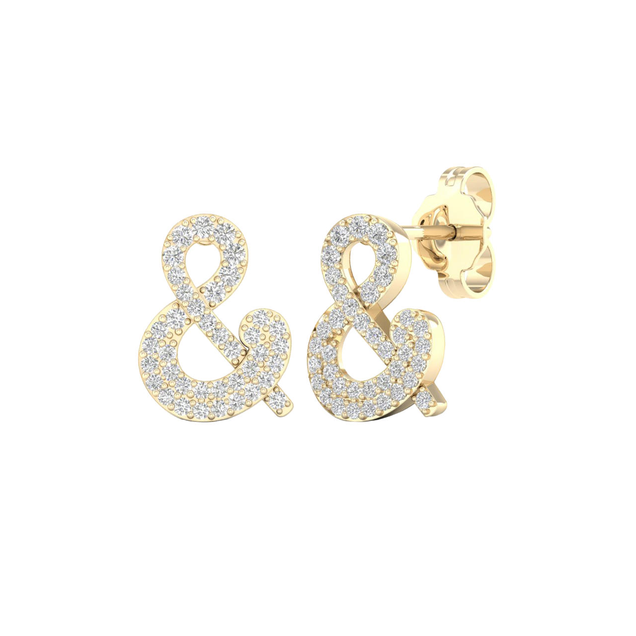 An angled view of a pair of 14K yellow gold stud earrings, showcasing the sparkling ampersand shape.