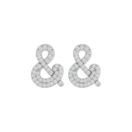 A pair of 14K white gold stud earrings shaped like an ampersand and covered in pavé diamonds, shown from the front.