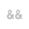 A pair of 14K white gold stud earrings shaped like an ampersand and covered in pavé diamonds, shown from the front.