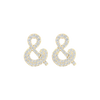 A pair of 14K yellow gold stud earrings shaped like an ampersand and covered in pavé diamonds, shown from the front.