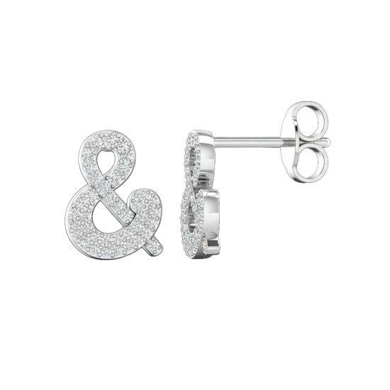 A front and side view of a pair of 14K white gold stud earrings, showcasing the sparkling ampersand shape.