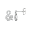 A front and side view of a pair of 14K white gold stud earrings, showcasing the sparkling ampersand shape.