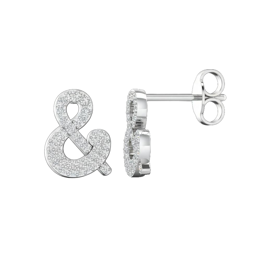 A front and side view of a pair of 14K white gold stud earrings, showcasing the sparkling ampersand shape.