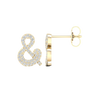 A front and side view of a pair of 14K yellow gold stud earrings, showcasing the sparkling ampersand shape.