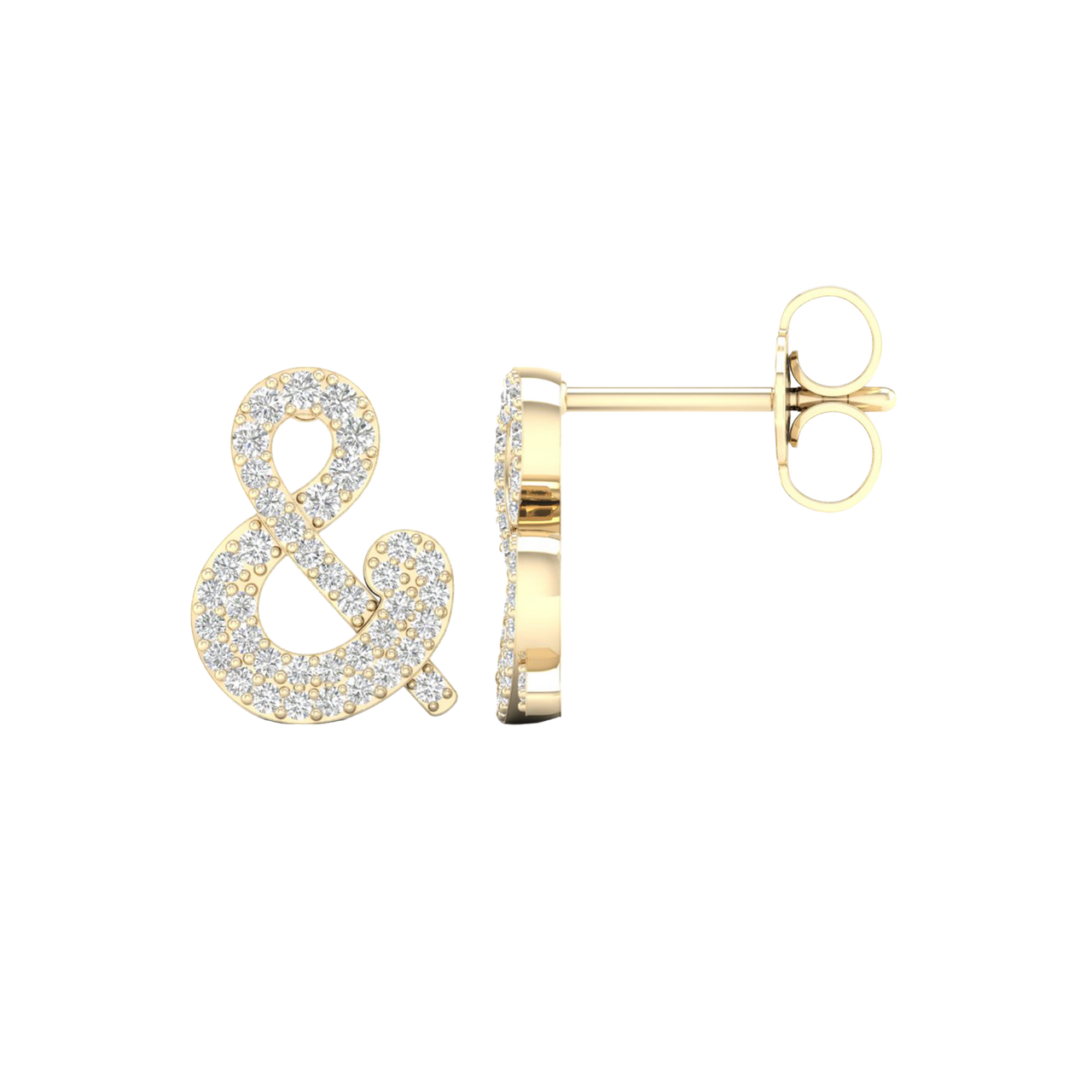 A front and side view of a pair of 14K yellow gold stud earrings, showcasing the sparkling ampersand shape.
