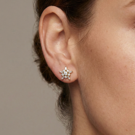 A pair of 14K white gold stud earrings with a starburst design, featuring blue baguettes and gold beads, shown from the front on ear.