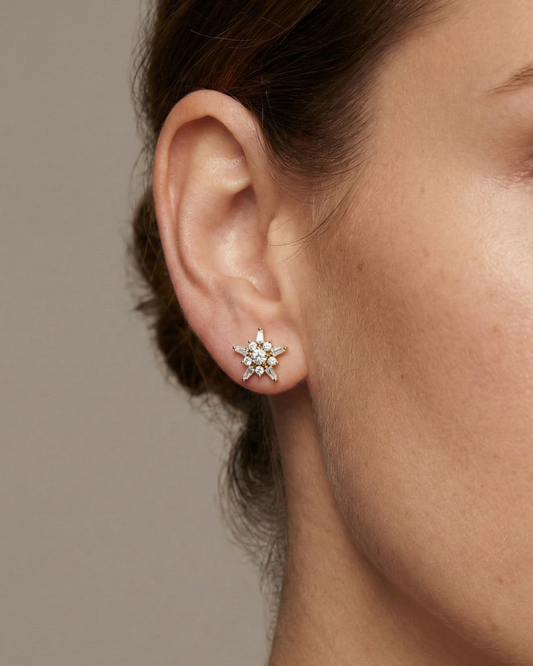 A pair of 14K white gold stud earrings with a starburst design, featuring blue baguettes and gold beads, shown from the front on ear.