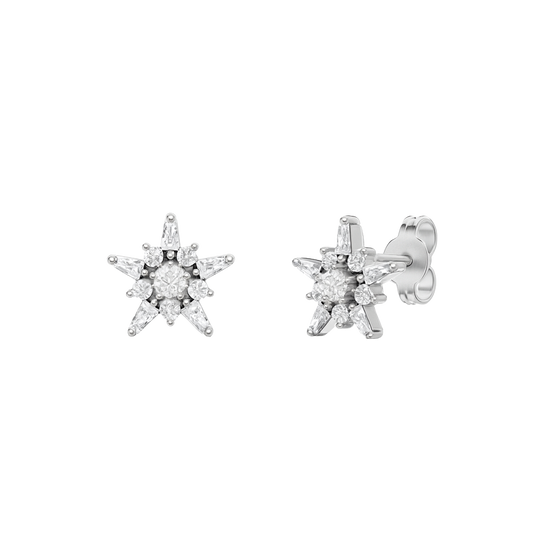 A pair of 14K white gold stud earrings with a starburst design, featuring blue baguettes and gold beads, shown from the front.