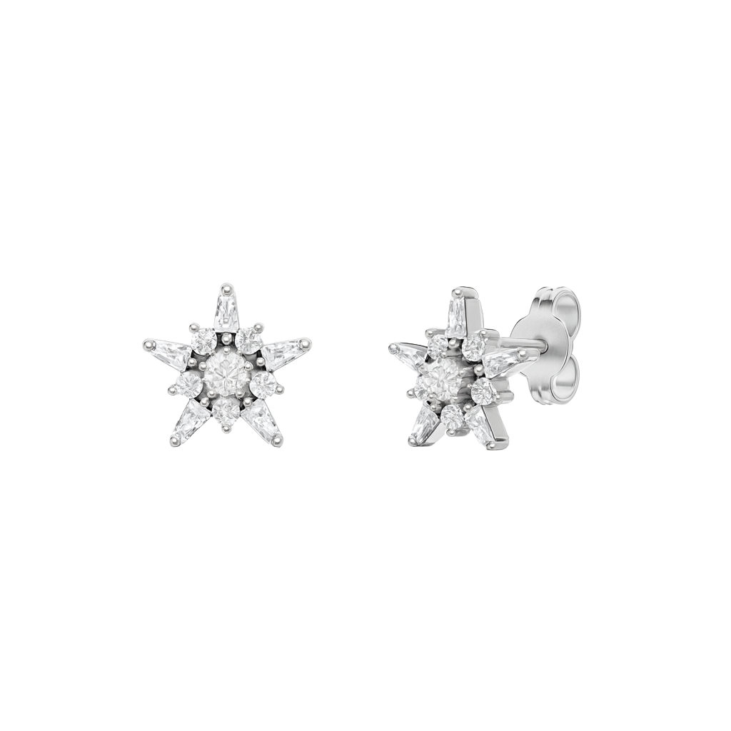 A pair of 14K white gold stud earrings with a starburst design, featuring blue baguettes and gold beads, shown from the front.