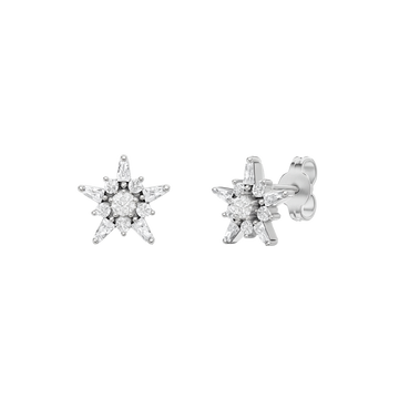 A pair of 14K white gold stud earrings with a starburst design, featuring blue baguettes and gold beads, shown from the front.