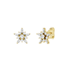 A side front and angle view of a pair of 14K yellow gold stud earrings with a starburst design, featuring blue baguettes and gold beads.