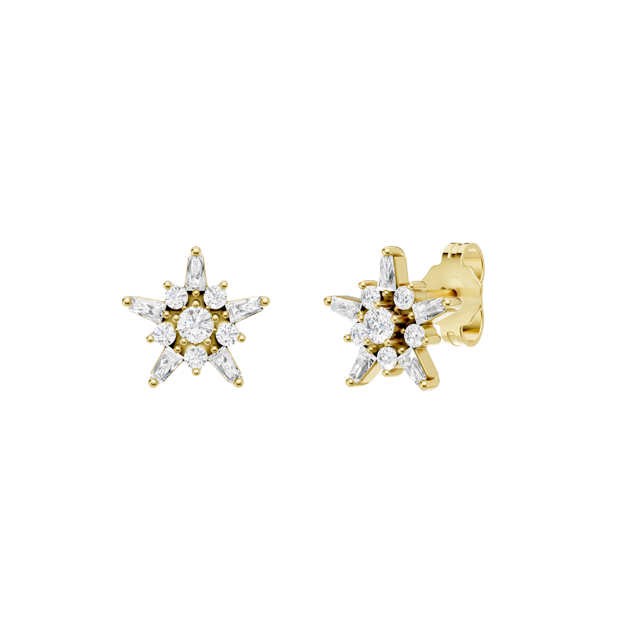 A side front and angle view of a pair of 14K yellow gold stud earrings with a starburst design, featuring blue baguettes and gold beads.