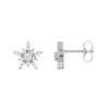 A front and side view of a pair of 14K white gold stud earrings with a starburst design, featuring blue baguettes and gold beads.