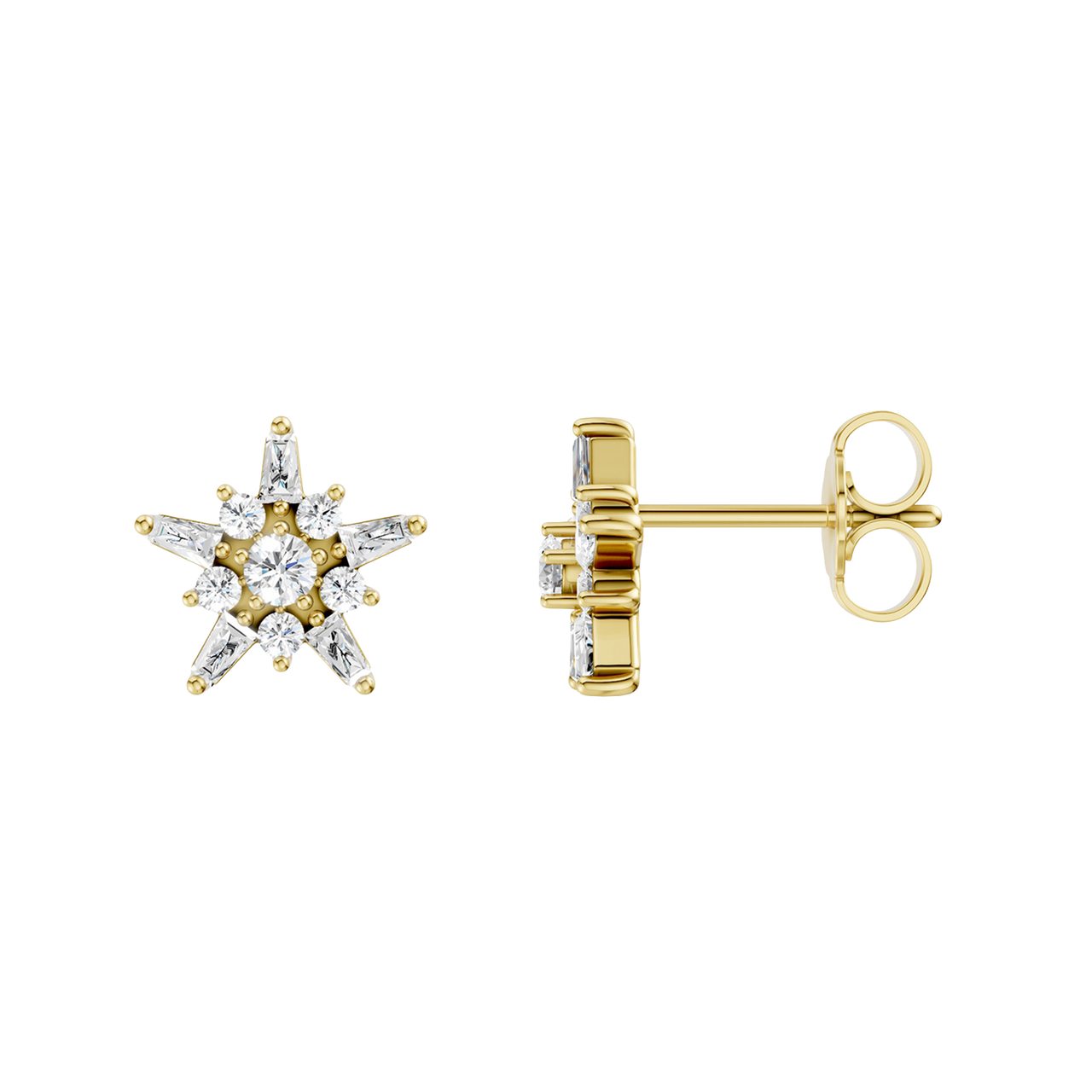 A front and side view of a pair of 14K yellow gold stud earrings with a starburst design, featuring blue baguettes and gold beads.