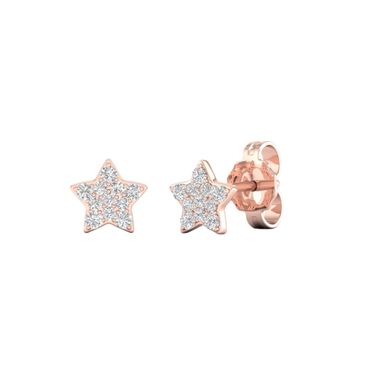 A front and side view of a pair of 14K rose gold star-shaped stud earrings with pavé diamonds, featuring the full design.