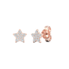 A front and side view of a pair of 14K rose gold star-shaped stud earrings with pavé diamonds, featuring the full design.