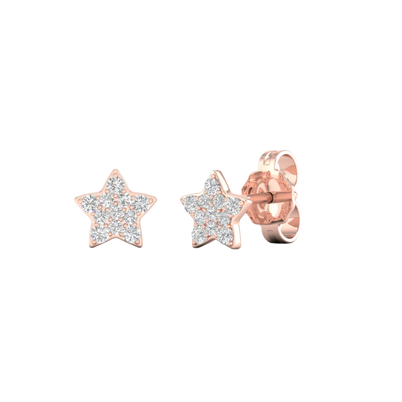 A front and side view of a pair of 14K rose gold star-shaped stud earrings with pavé diamonds, featuring the full design.