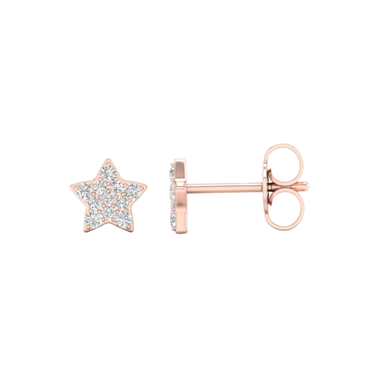 A front and side view of a pair of 14K rose gold star-shaped stud earrings with pavé diamonds, featuring the full design.
