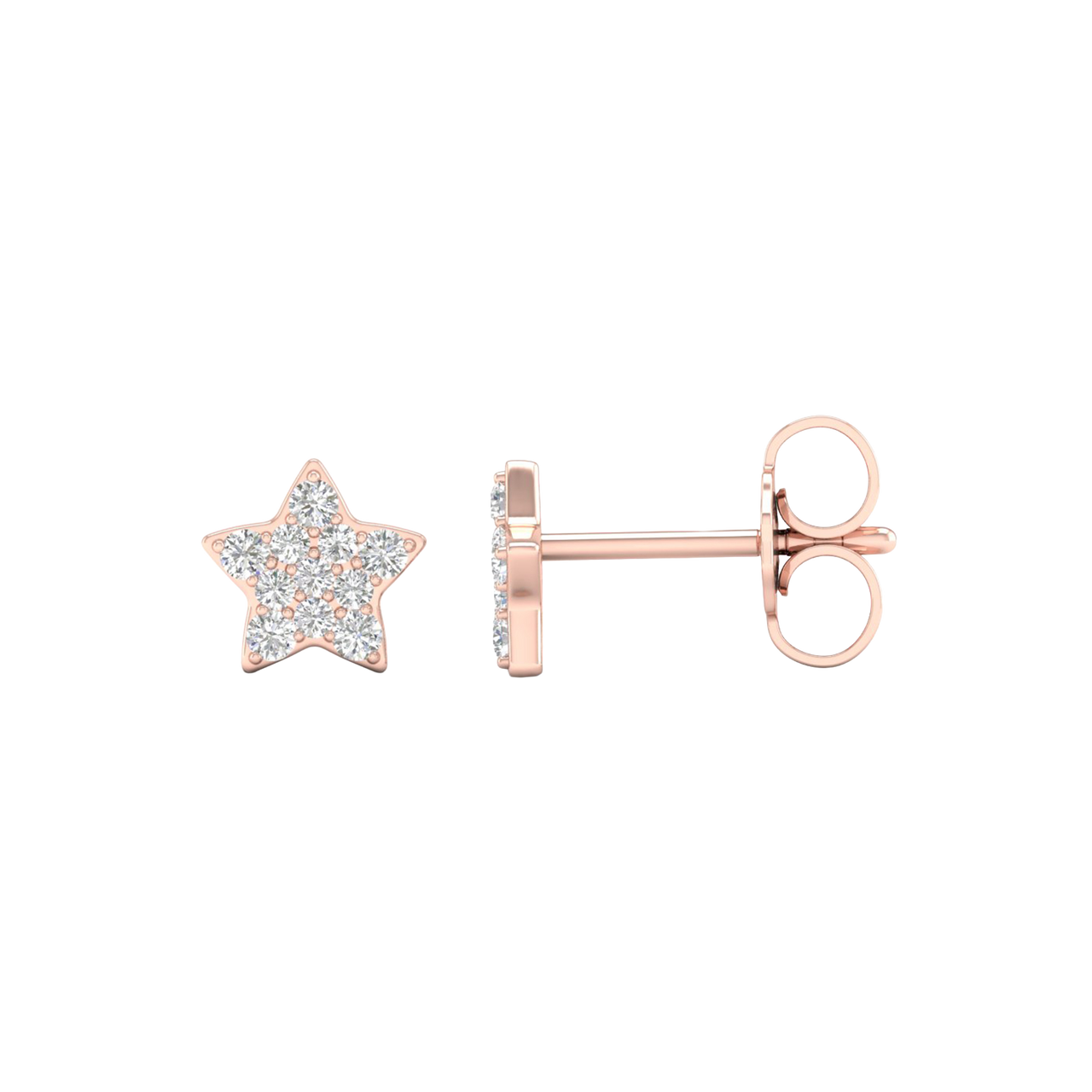 A front and side view of a pair of 14K rose gold star-shaped stud earrings with pavé diamonds, featuring the full design.